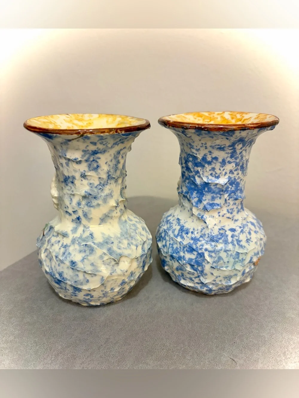 Pair Vintage Italy Hand-Painted Floral Textured Vases Blue White Signed 4.5”